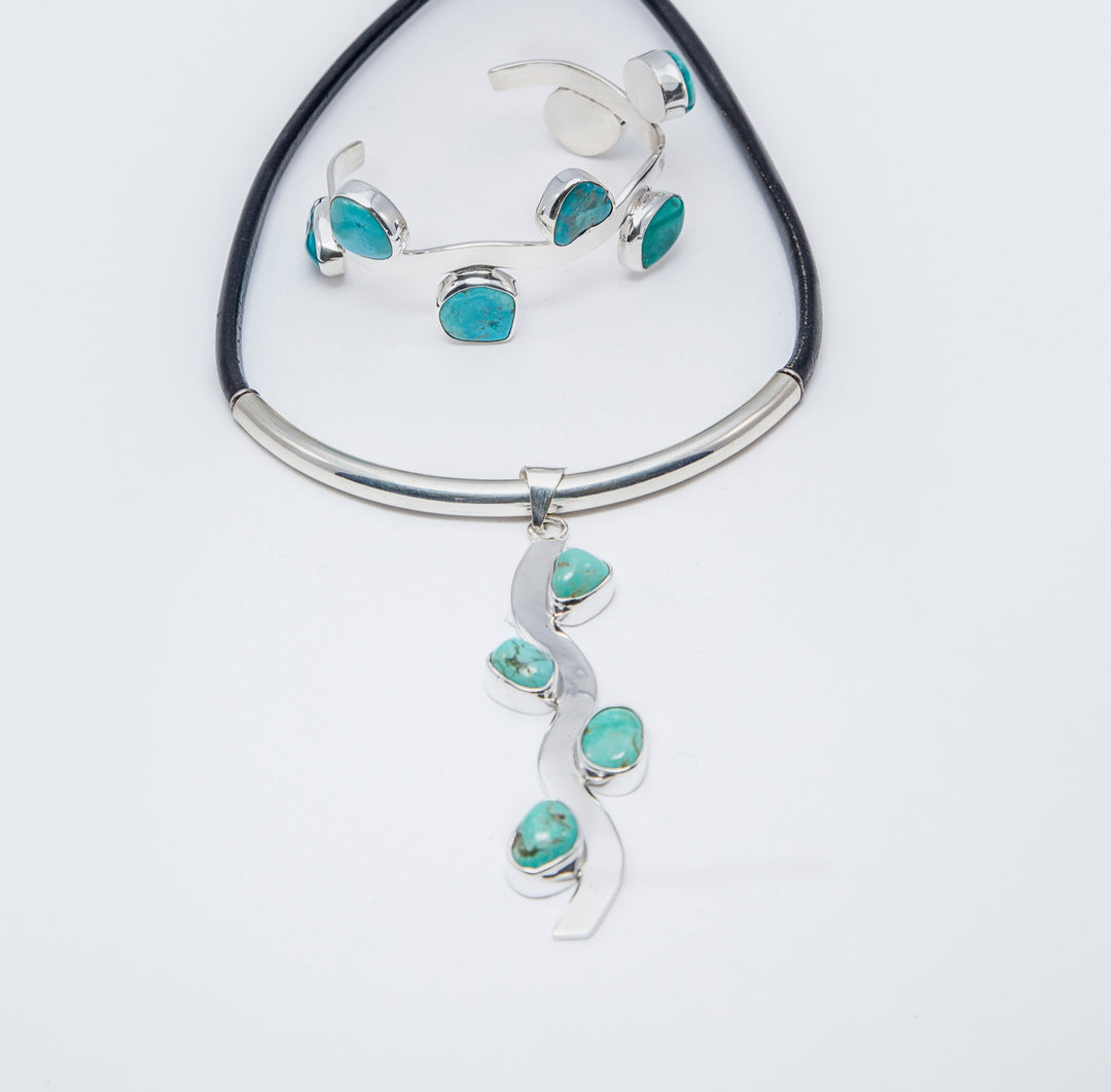 Silver Tube Leather Necklace with Turquoise Pendant