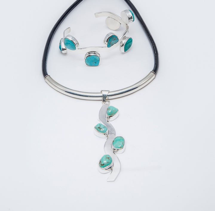 Silver Tube Leather Necklace with Turquoise Pendant