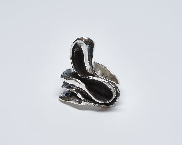 Oxidized sterling silver swirl ring with a wax cast sculptural design by Renata Rubio 92.5