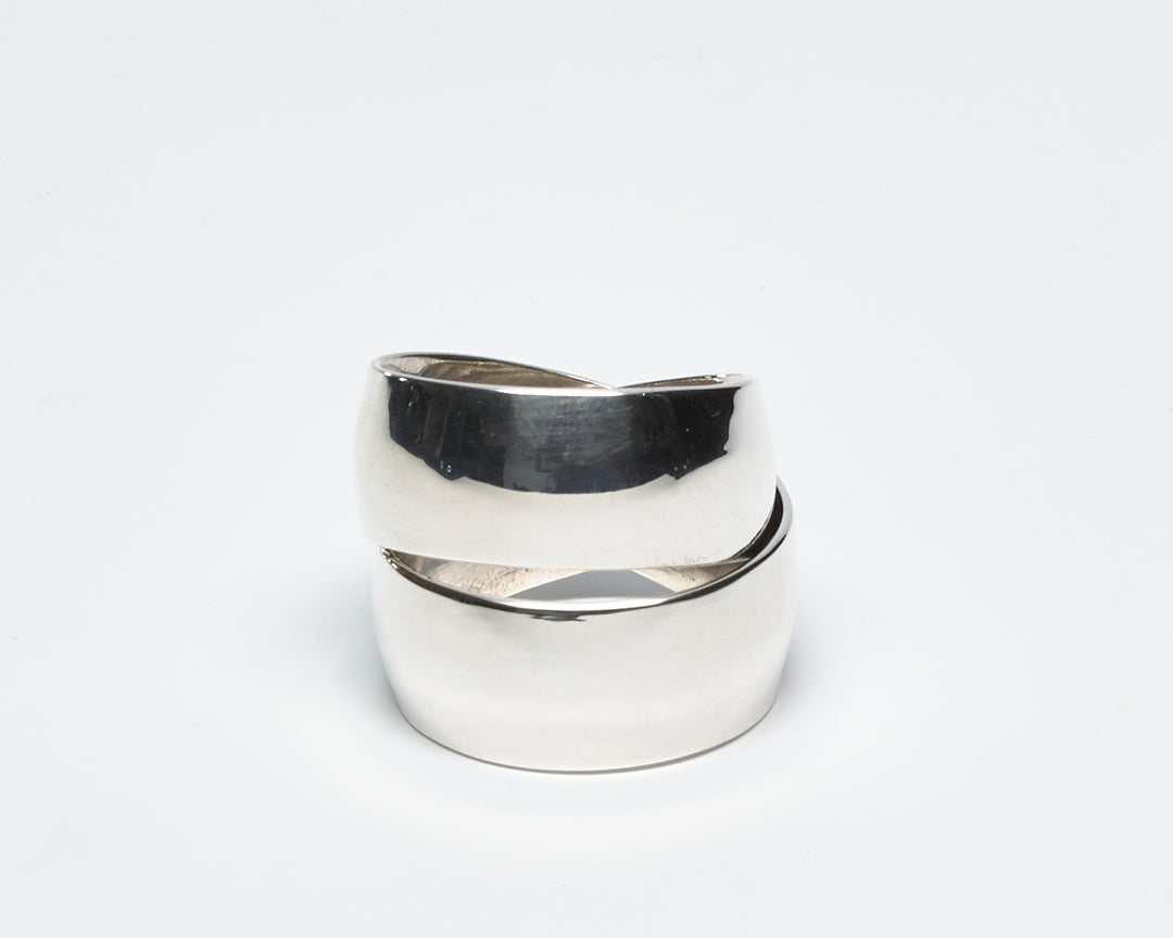 Wide Crossed Silver Double Band