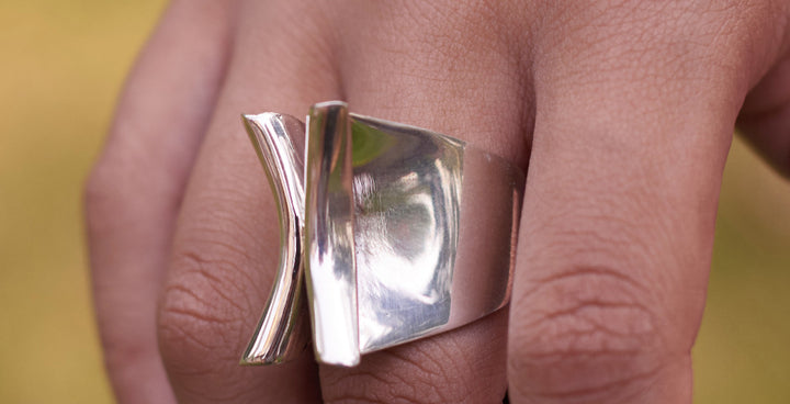 Wide Folded Silver Ring on Hand